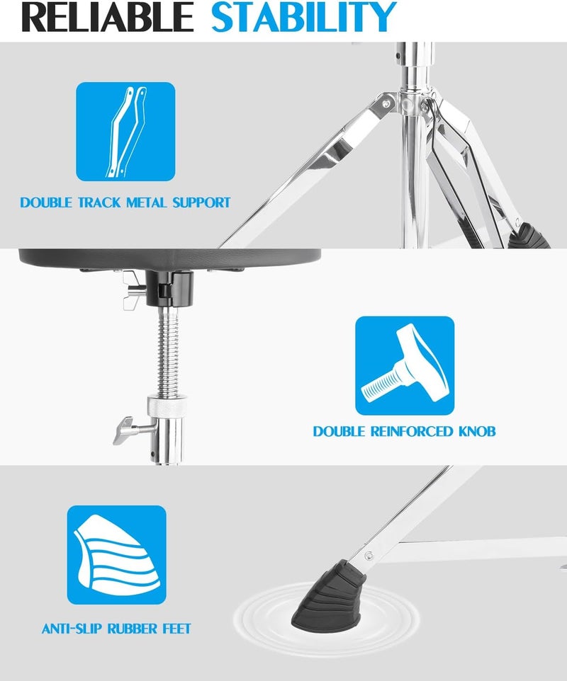 STRICH Drum Throne, Height Adjustable Padded Seat Drum Stool, Heavy Duty Swivel Drum Chair, Double Braced Padded Stool with 5A Drumsticks, SDB-20 - Image 3